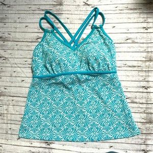 Lands End Womens Tankini Top Blue White Sz 12 Swimsuit Padded Wireless Crossback